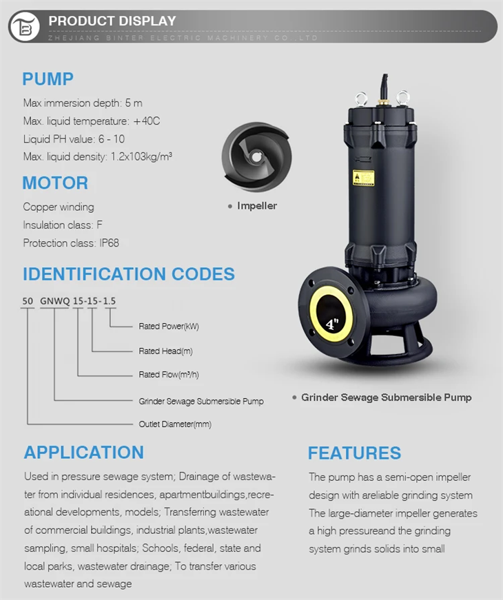 Brand High Quality 50GNWQ20-25-3 Cutting Type Industrial Waste Water Sewage Submersible Pump
